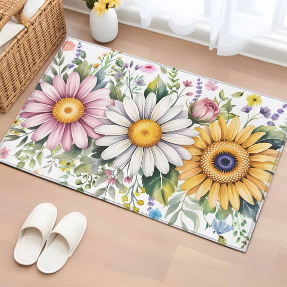 Entryway Rug 2'x3', Colorful Daisy Floral Small Rug for Kitchen Bathroom Door Mat Indoor Entrance, Spring Flowers Botanical Leaves Rustic Non-Slip Area Rugs Floor Mats Carpet Front Door Rugs