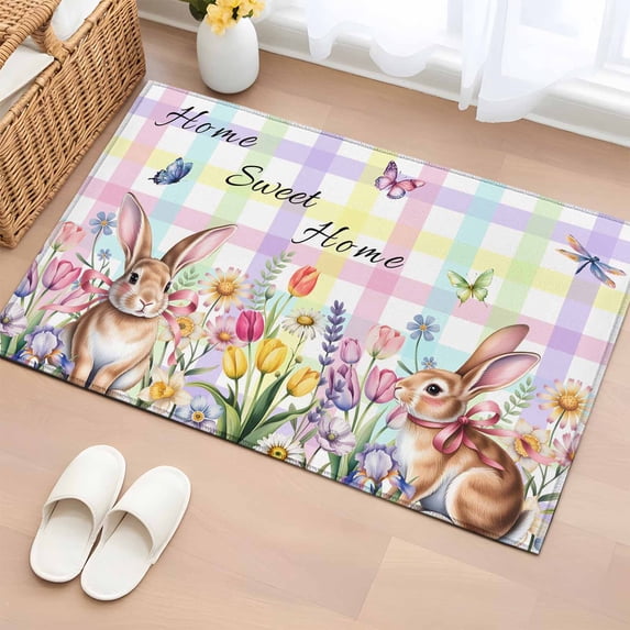 Entryway Rug 2'x3', Colorful Easter Small Rug for Kitchen Bathroom Door Mat Indoor Entrance, Sprng Watercolor Bunny Tulip Flower Plaid Non-Slip Area Rugs Floor Mats Carpet Front Door Rugs
