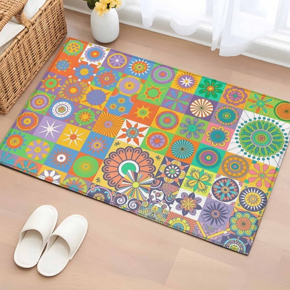 Entryway Rug 2'x3', Colorful Ethnic Small Rug for Kitchen Bathroom Door Mat Indoor Entrance, Modern Abstract National Geometric Green Non-Slip Area Rugs Floor Mats Carpet Front Door Rugs