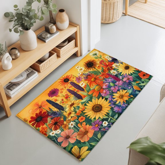 Entryway Rug 2'x3', Colorful Flowers Kitchen Runner Rugs Non-Slip Carpet Mats, Farmhouse Sunflower Daisy Bedside Rugs Runners Washable Floor Carpet for Bathroom Laundry Room