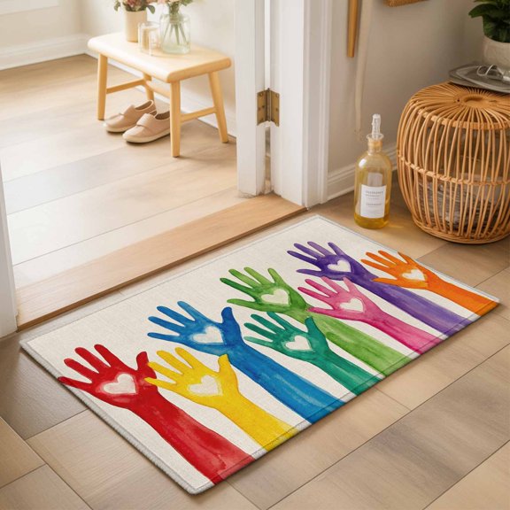 Entryway Rug 2'x3', Colorful Hands Print Kitchen Runner Rugs Non-Slip Carpet Mats, Cartoon Cute Funny Love Heart Beige Bedside Rugs Runners Washable Floor Carpet for Bathroom Laundry Room