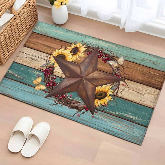 Entryway Rug 2'x3', Country Star Vintage Small Rug for Kitchen Bathroom Door Mat Indoor Entrance, Sunflower Farmhouse Teal Brown Western Berry Non-Slip Area Rugs Floor Mats Carpet Front Door Rugs