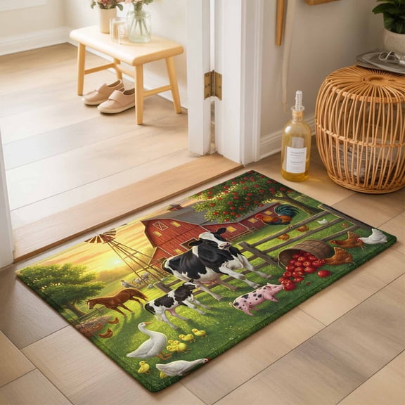Entryway Rug 2'x3', Cow Farmhouse Kitchen Runner Rugs Non-Slip Carpet Mats, Red Barn Countryside Animals Bedside Rugs Runners Washable Floor Carpet for Bathroom Laundry Room