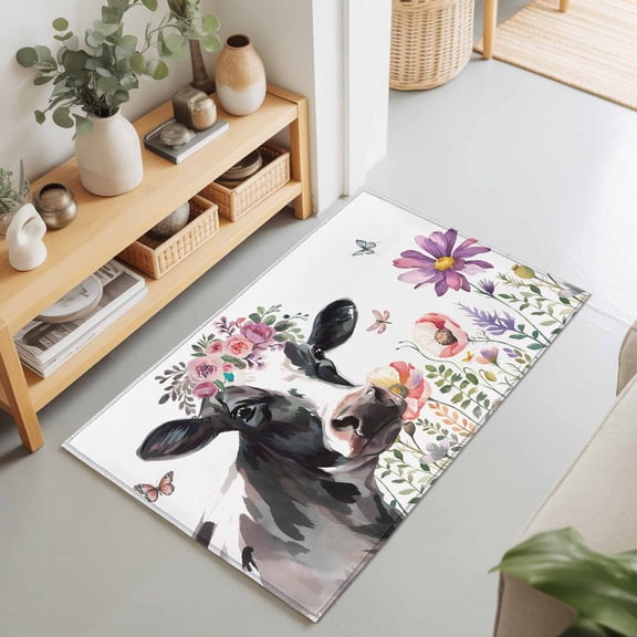 Entryway Rug 2'x3', Cow Flower Kitchen Runner Rugs Non-Slip Carpet Mats, Farmhouse Cattle Botanical Butterfly Floral Bedside Rugs Runners Washable Floor Carpet for Bathroom Laundry Room