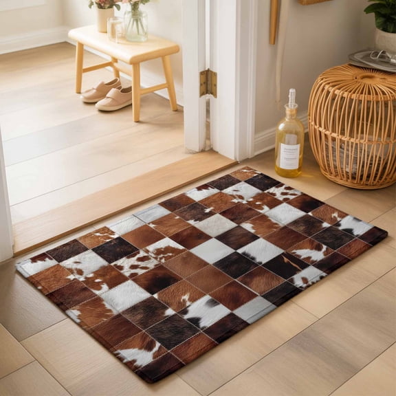 Entryway Rug 2'x3', Cow Fur Print Kitchen Runner Rugs Non-Slip Carpet Mats, Farmhouse Western Cowhide Plaid Brown Bedside Rugs Runners Washable Floor Carpet for Bathroom Laundry Room