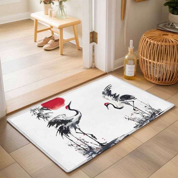 Entryway Rug 2'x3', Crane Kitchen Runner Rugs Non-Slip Carpet Mats, Black White Ink Wash Red Moon Botanical Bedside Rugs Runners Washable Floor Carpet for Bathroom Laundry Room