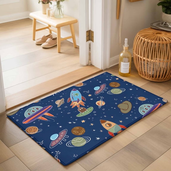 Entryway Rug 2'x3', Cute Blue Space Kitchen Runner Rugs Non-Slip Carpet Mats, Star Cartoon Spaceship Planet Bedside Rugs Runners Washable Floor Carpet for Bathroom Laundry Room