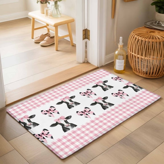 Entryway Rug 2'x3', Cute Bow Cow Kitchen Runner Rugs Non-Slip Carpet Mats, Farmhouse Cute Animals Pink Buffalo Checkered Bedside Rugs Runners Washable Floor Carpet for Bathroom Laundry Room