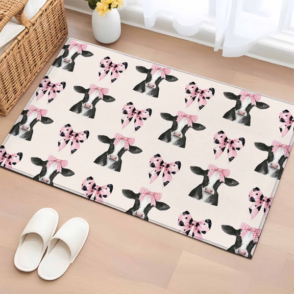 Entryway Rug 2'x3', Cute Bow Cow Small Rug for Kitchen Bathroom Door Mat Indoor Entrance, Beige Farmhouse Cute Animals Non-Slip Area Rugs Floor Mats Carpet Front Door Rugs