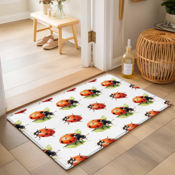 Entryway Rug 2'x3', Cute Ladybugs Kitchen Runner Rugs Non-Slip Carpet Mats, Spring Botanical Leaves Farmhouse Bedside Rugs Runners Washable Floor Carpet for Bathroom Laundry Room