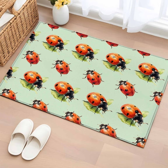 Entryway Rug 2'x3', Cute Ladybugs Small Rug for Kitchen Bathroom Door Mat Indoor Entrance, Spring Botanical Leaves Green Non-Slip Area Rugs Floor Mats Carpet Front Door Rugs