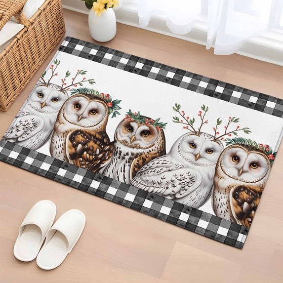 Entryway Rug 2'x3', Cute Owls Small Rug for Kitchen Bathroom Door Mat Indoor Entrance, Winter Vintage Animals Berry Black Plaid Non-Slip Area Rugs Floor Mats Carpet Front Door Rugs