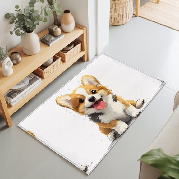 Entryway Rug 2'x3', Cute Pet Puppy Kitchen Runner Rugs Non-Slip Carpet Mats, Modern Cartoon Sitting Dog Animal Bedside Rugs Runners Washable Floor Carpet for Bathroom Laundry Room