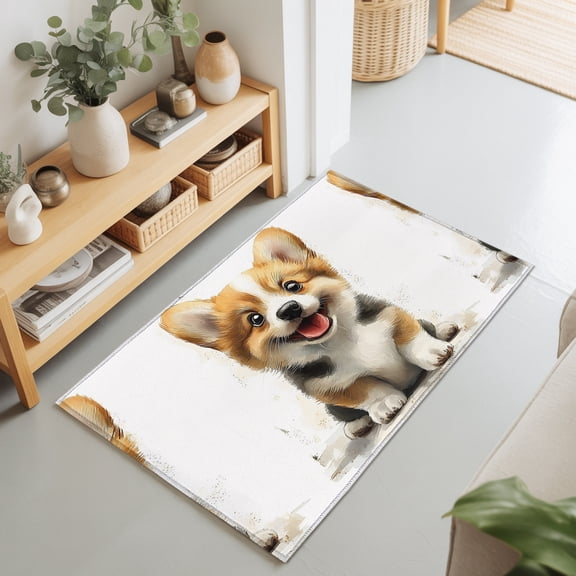 Entryway Rug 2'x3', Cute Puppy Kitchen Runner Rugs Non-Slip Carpet Mats, Modern Sitting Pet Dog Watercolor Bedside Rugs Runners Washable Floor Carpet for Bathroom Laundry Room