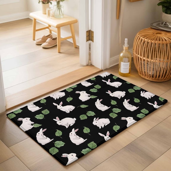 Entryway Rug 2'x3', Cute Rabbits Kitchen Runner Rugs Non-Slip Carpet Mats, Country Leaves Plants Cartoon Bunny Black Bedside Rugs Runners Washable Floor Carpet for Bathroom Laundry Room