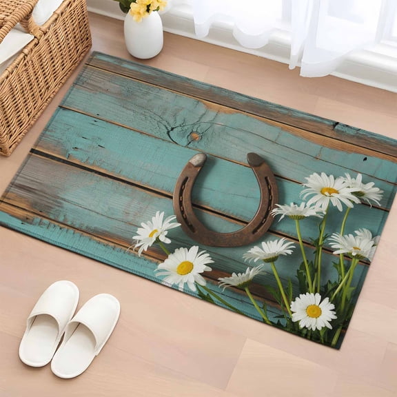 Entryway Rug 2'x3', Daisy Flower Small Rug for Kitchen Bathroom Door Mat Indoor Entrance, Vintage Horseshoes Farmhouse Wooden Grain Teal Non-Slip Area Rugs Floor Mats Carpet Front Door Rugs