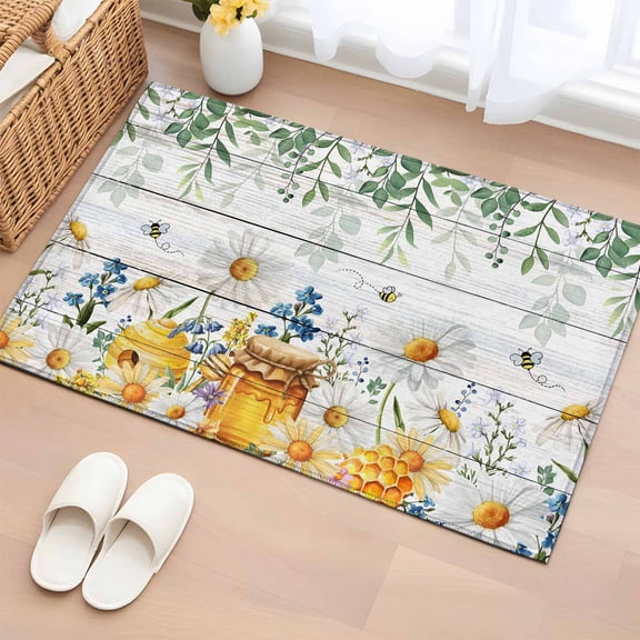 Entryway Rug 2'x3', Daisy Spring Floral Small Rug for Kitchen Bathroom Door Mat Indoor Entrance, Farmhouse Botanical Green Leaves Wooden Non-Slip Area Rugs Floor Mats Carpet Front Door Rugs