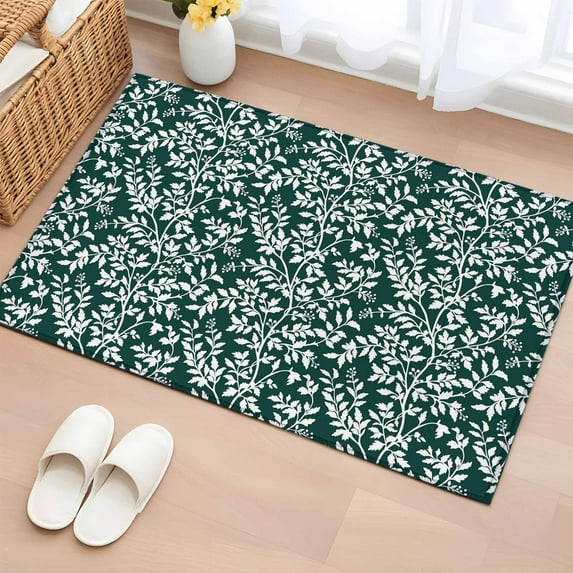 Entryway Rug 2'x3', Dark Green Spring Floral Small Rug for Kitchen Bathroom Door Mat Indoor Entrance, Farmhouse Flowers Elegant Pastoral Non-Slip Area Rugs Floor Mats Carpet Front Door Rugs