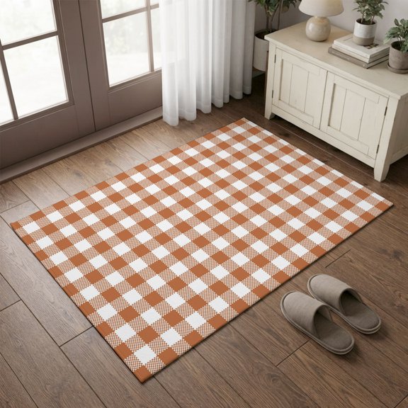 Entryway Rug 2'x3', Dark Orange Checkered Small Rug for Kitchen Bathroom Door Mat Indoor Entrance, Fall Farmhouse Rustic Buffalo Plaid Non-Slip Area Rugs Floor Mats Carpet Front Door Rugs