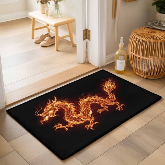 Entryway Rug 2'x3', Dragon Flames Kitchen Runner Rugs Non-Slip Carpet Mats, Orange Dragons Abstract Modern Art Bedside Rugs Runners Washable Floor Carpet for Bathroom Laundry Room