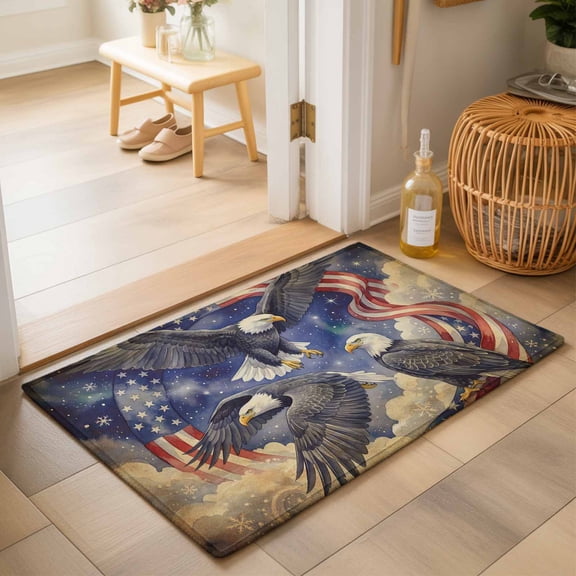 Entryway Rug 2'x3', Eagle American Flag Kitchen Runner Rugs Non-Slip Carpet Mats, Independence Day Star Clouds Retro Bedside Rugs Runners Washable Floor Carpet for Bathroom Laundry Room