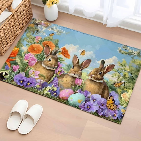 Entryway Rug 2'x3', Easter Bunnies Small Rug for Kitchen Bathroom Door Mat Indoor Entrance, Spring Easter Eggs Garden Floral Non-Slip Area Rugs Floor Mats Carpet Front Door Rugs
