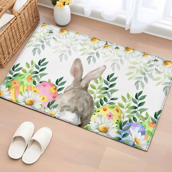 Entryway Rug 2'x3', Easter Bunnies Small Rug for Kitchen Bathroom Door Mat Indoor Entrance, Spring Eucalyptus Daisy Easter Eggs Non-Slip Area Rugs Floor Mats Carpet Front Door Rugs