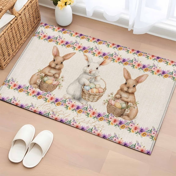 Entryway Rug 2'x3', Easter Bunny Eggs Small Rug for Kitchen Bathroom Door Mat Indoor Entrance, Spring Flowers Rabbits Plants Retro Beige Non-Slip Area Rugs Floor Mats Carpet Front Door Rugs