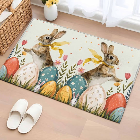 Entryway Rug 2'x3', Easter Bunny Eggs Small Rug for Kitchen Bathroom Door Mat Indoor Entrance, Spring Tulip Daisy Flowers Leaves Pastoral Non-Slip Area Rugs Floor Mats Carpet Front Door Rugs