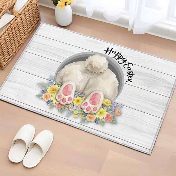 Entryway Rug 2'x3', Easter Bunny Small Rug for Kitchen Bathroom Door Mat Indoor Entrance, 3D Optical Illusion Farmhouse Flower Wood Grain Non-Slip Area Rugs Floor Mats Carpet Front Door Rugs