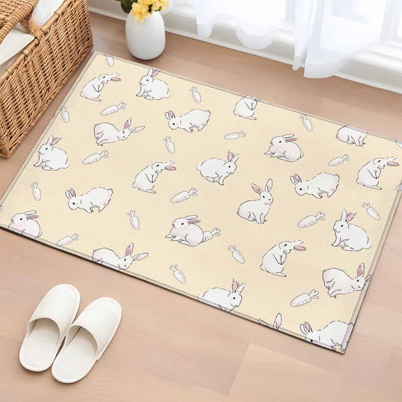 Entryway Rug 2'x3', Easter Bunny Small Rug for Kitchen Bathroom Door Mat Indoor Entrance, Cartoon Carrots Cute Rabbits Sketch Yellow Non-Slip Area Rugs Floor Mats Carpet Front Door Rugs