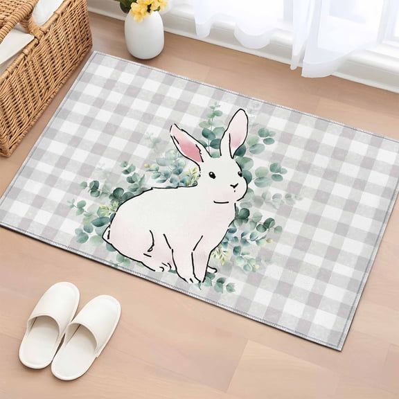 Entryway Rug 2'x3', Easter Bunny Small Rug for Kitchen Bathroom Door Mat Indoor Entrance, Eucalyptus Leaves Rabbit Farmhouse Grey Plaid Non-Slip Area Rugs Floor Mats Carpet Front Door Rugs
