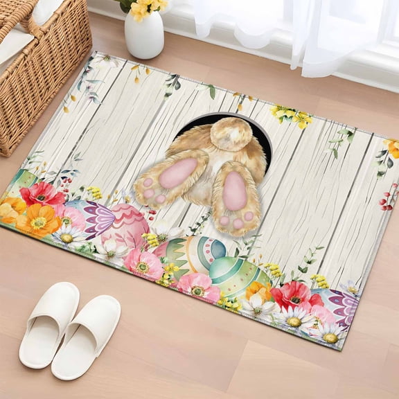 Entryway Rug 2'x3', Easter Bunny Small Rug for Kitchen Bathroom Door Mat Indoor Entrance, Spring Easter Eggs Eucalyptus Flowers Wooden Non-Slip Area Rugs Floor Mats Carpet Front Door Rugs