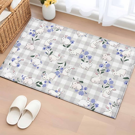 Entryway Rug 2'x3', Easter Bunny Small Rug for Kitchen Bathroom Door Mat Indoor Entrance, Spring Purple Flower Rustic Farmhouse Grey Plaid Non-Slip Area Rugs Floor Mats Carpet Front Door Rugs
