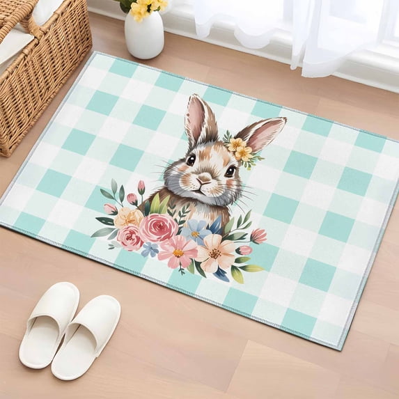 Entryway Rug 2'x3', Easter Bunny Small Rug for Kitchen Bathroom Door Mat Indoor Entrance, Spring Watercolor Rabbit Flower Green Plaid Non-Slip Area Rugs Floor Mats Carpet Front Door Rugs