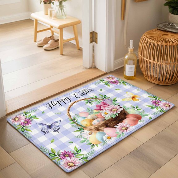 Entryway Rug 2'x3', Easter Eggs Kitchen Runner Rugs Non-Slip Carpet Mats, Watercolor Flowers Plants Eggs Butterfly Blue Plaid Bedside Rugs Runners Washable Floor Carpet for Bathroom Laundry Room