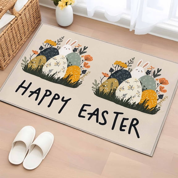 Entryway Rug 2'x3', Easter Eggs Small Rug for Kitchen Bathroom Door Mat Indoor Entrance, Rabbit Spring Botanical Wildflowers Bunny Beige Non-Slip Area Rugs Floor Mats Carpet Front Door Rugs