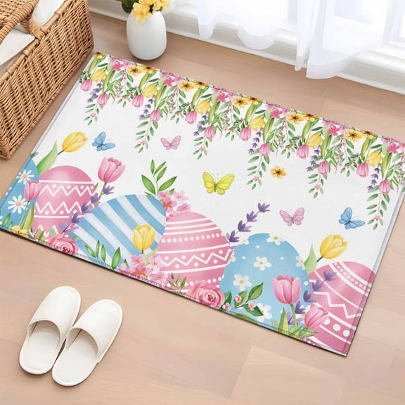 Entryway Rug 2'x3', Easter Eggs Small Rug for Kitchen Bathroom Door Mat Indoor Entrance, Spring Watercolor Tulips Flower Leaf Plant Non-Slip Area Rugs Floor Mats Carpet Front Door Rugs