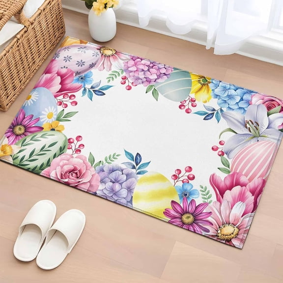 Entryway Rug 2''x3'', Easter Flowers Small Rug for Kitchen Bathroom Door Mat Indoor Entrance, Eggs Spring Colorful Tulips Daisy Berries Non-Slip Area Rugs Floor Mats Carpet Front Door Rugs