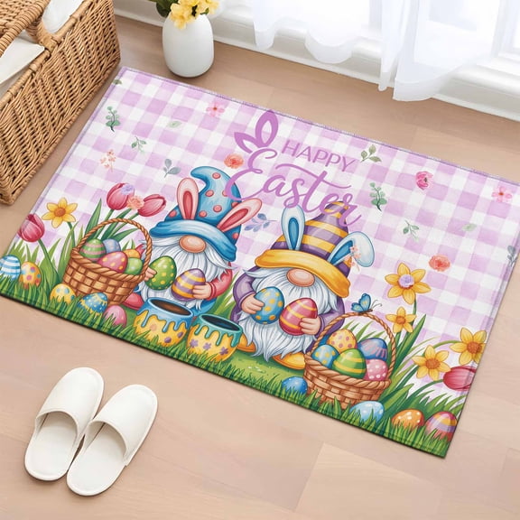 Entryway Rug 2'x3', Easter Gnomes Bunnies Small Rug for Kitchen Bathroom Door Mat Indoor Entrance, Spring Easter Eggs Floral Purple Plaid Non-Slip Area Rugs Floor Mats Carpet Front Door Rugs
