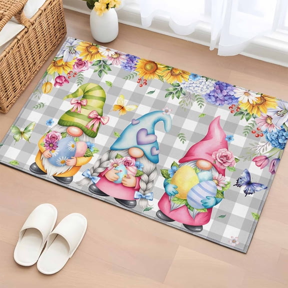Entryway Rug 2'x3', Easter Gnomes Small Rug for Kitchen Bathroom Door Mat Indoor Entrance, Spring Floral Eggs Flowers Butterflies Gray Plaid Non-Slip Area Rugs Floor Mats Carpet Front Door Rugs
