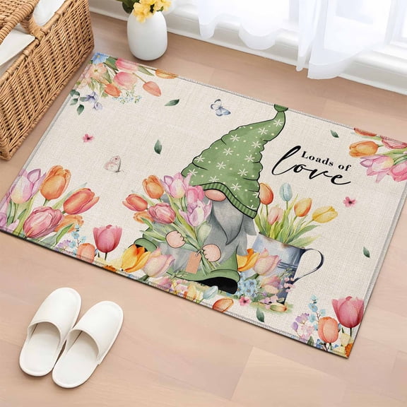 Entryway Rug 2'x3', Easter Gnomes Tulip Small Rug for Kitchen Bathroom Door Mat Indoor Entrance, Flowers Spring Floral Vintage Botanical Non-Slip Area Rugs Floor Mats Carpet Front Door Rugs