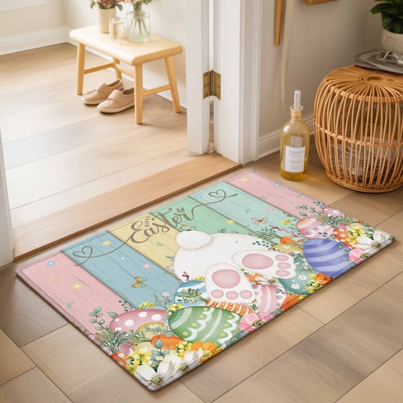 Entryway Rug 2'x3', Easter Kitchen Runner Rugs Non-Slip Carpet Mats, Spring Rabbit Ears Foot Eggs Floral Wooden Grain Bedside Rugs Runners Washable Floor Carpet for Bathroom Laundry Room
