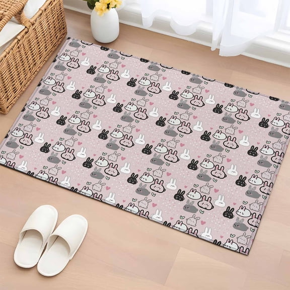 Entryway Rug 2'x3', Easter Rabbit Small Rug for Kitchen Bathroom Door Mat Indoor Entrance, Cartoon Cute Bunny Sketch on Pink Non-Slip Area Rugs Floor Mats Carpet Front Door Rugs