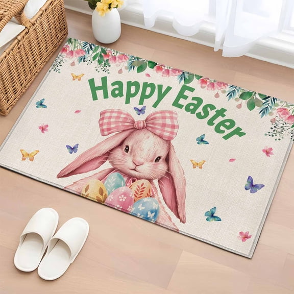Entryway Rug 2'x3', Easter Rabbits Small Rug for Kitchen Bathroom Door Mat Indoor Entrance, Spring Floral Eggs Butterflies Bunny Leaf Beige Non-Slip Area Rugs Floor Mats Carpet Front Door Rugs