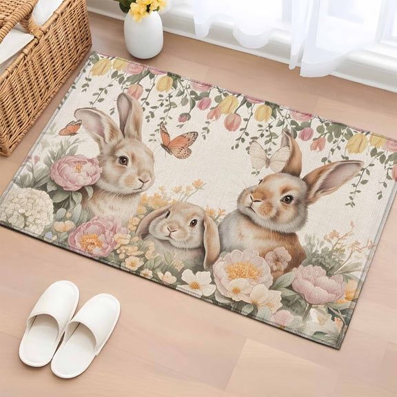 Entryway Rug 2'x3', Easter Rabbits Small Rug for Kitchen Bathroom Door Mat Indoor Entrance, Spring Flowers Butterfly Bunny Plants Beige Non-Slip Area Rugs Floor Mats Carpet Front Door Rugs