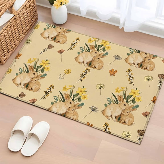 Entryway Rug 2'x3', Easter Rabbits Small Rug for Kitchen Bathroom Door Mat Indoor Entrance, Spring Yellow Flowers Country Plants Yellow Non-Slip Area Rugs Floor Mats Carpet Front Door Rugs