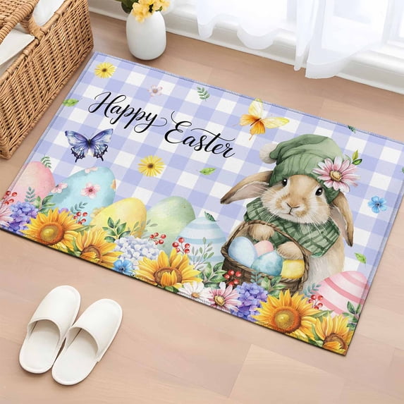 Entryway Rug 2'x3', Easter Rabbits Small Rug for Kitchen Bathroom Door Mat Indoor Entrance, Watercolor Eggs Flowers Butterflies Purple Plaid Non-Slip Area Rugs Floor Mats Carpet Front Door Rugs