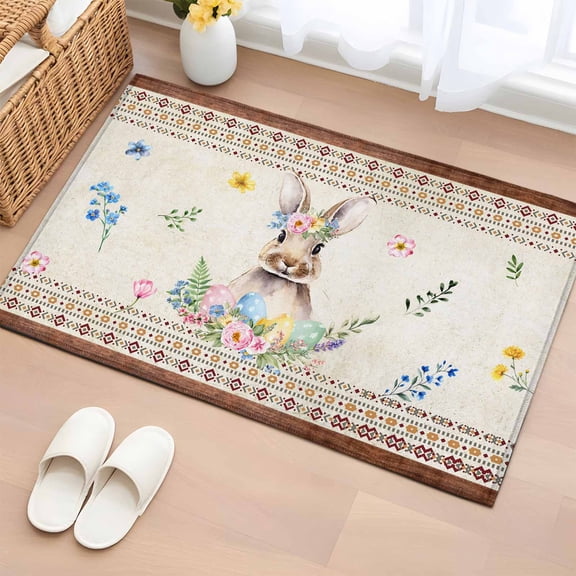 Entryway Rug 2'x3', Easter Small Rug for Kitchen Bathroom Door Mat Indoor Entrance, Boho Ethnic Farmhouse Rabbit Colorful Eggs Patterned Non-Slip Area Rugs Floor Mats Carpet Front Door Rugs