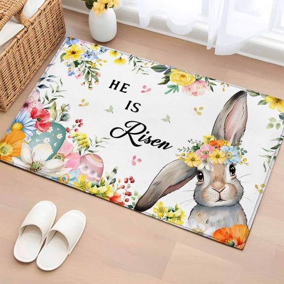 Entryway Rug 2'x3', Easter Small Rug for Kitchen Bathroom Door Mat Indoor Entrance, Easter Bunny Spring Watercolor He Is Risen Flowers Non-Slip Area Rugs Floor Mats Carpet Front Door Rugs